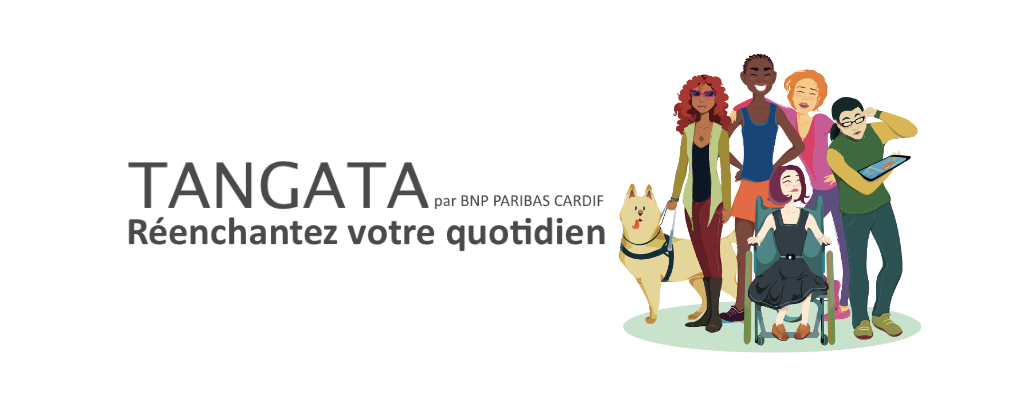 Texte : "Tangata par BNP Paribas Cardif, Réenchantez votre quotidien". Image : dessin coloré de plusieurs personnes représentant la diversité : genre, couleur de peau, handicap, âge.